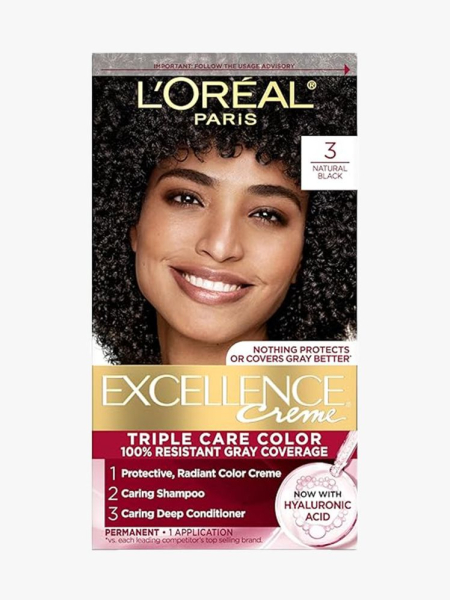 A box of L’Oréal Paris Excellence Creme in the color natural black on a light gray background
